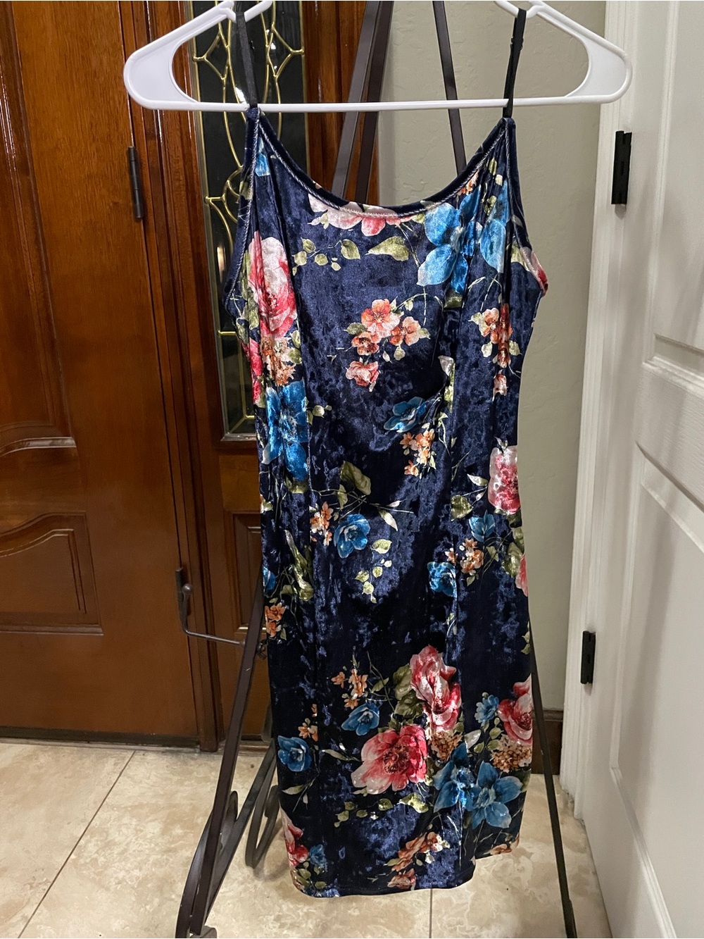 Navy Floral Velvet Mini Hot Slip Dress - Women Petite XS US0-2